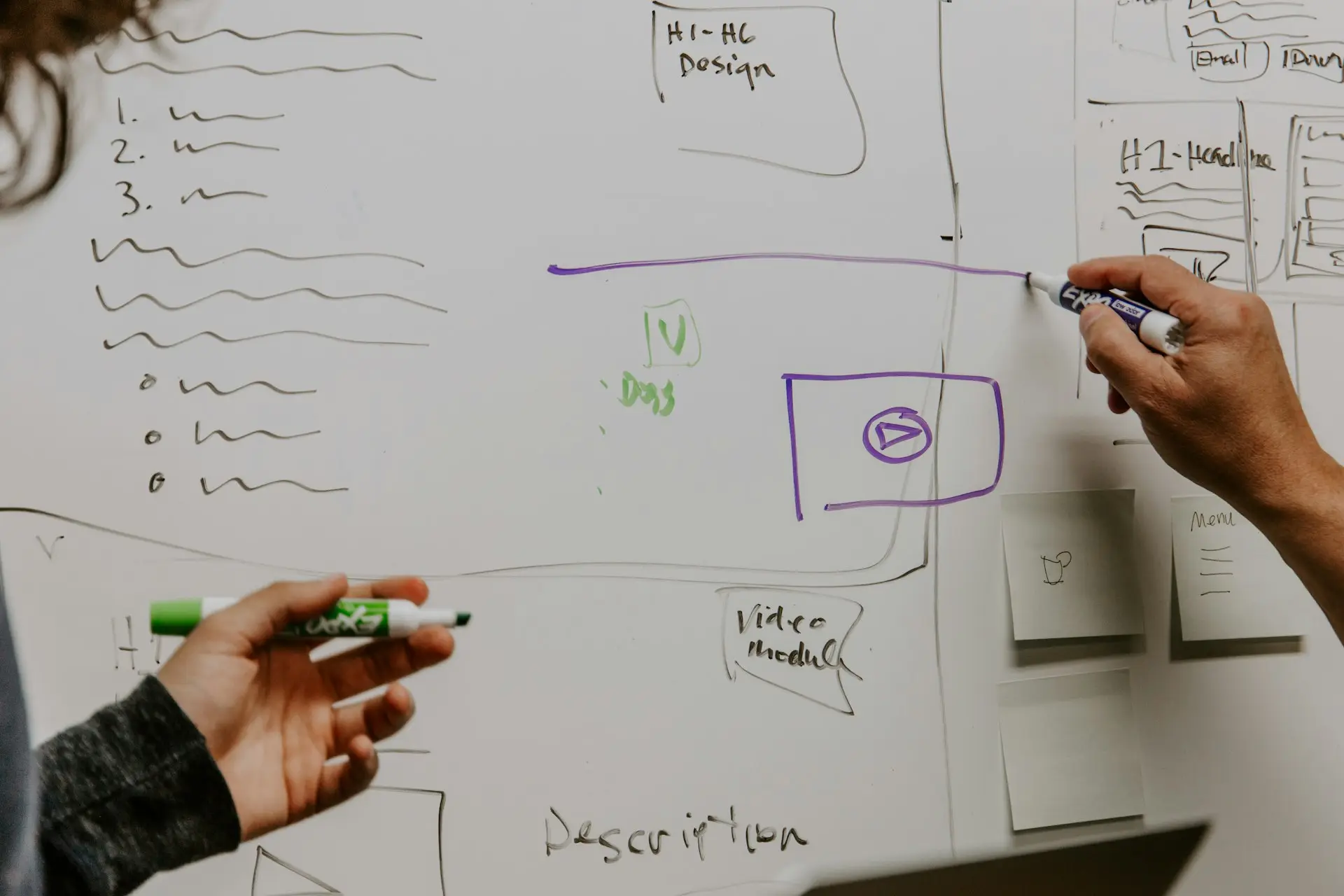 Colleagues working through a plan at a whiteboard